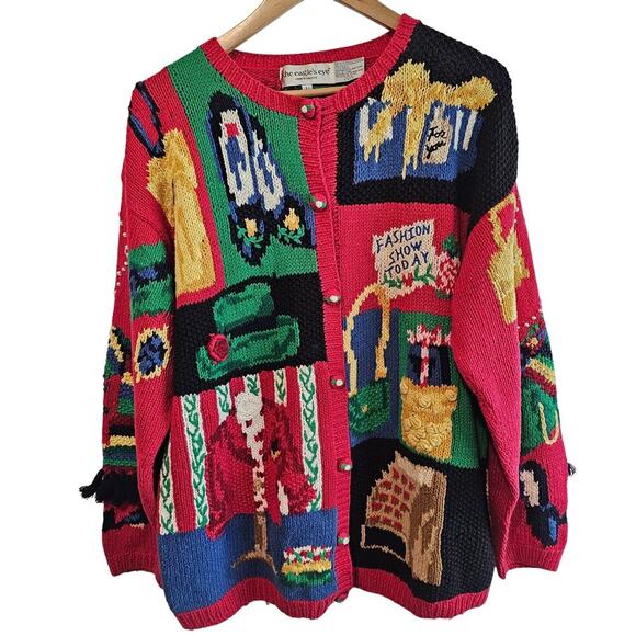 Vintage The Eagle's Eye Cardigan Women Large 90s Knit Shopping Whimsical Granny - Picture 1 of 15